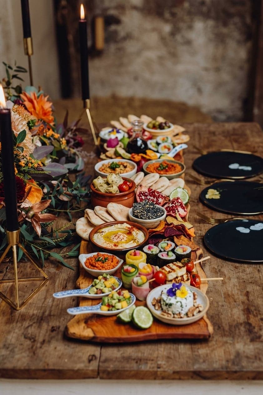 Uitgebreide mezze-tafel met hummus, pita, olijven en bloemwerk op een houten tafel