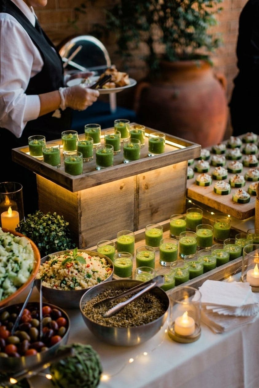 Cateringtafel met groene gazpacho-shots, couscoussalade en hapjes