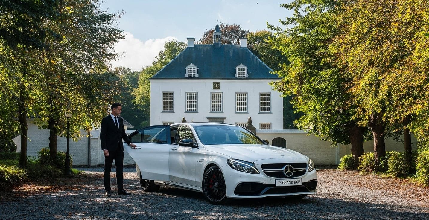 Chauffeur in pak opent het portier van de witte trouwauto